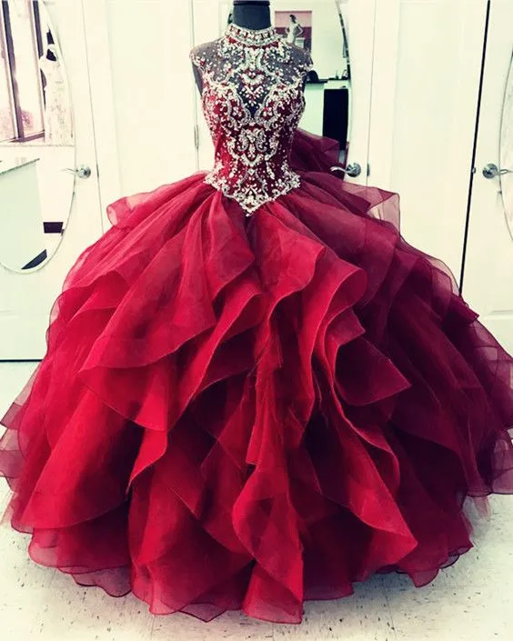 Gorgeous Royal Blue Quinceanera Dresses Beaded High-Neck Organza Ruffles Ball Gown Sweet 16 Dresses