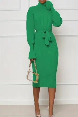 Green Knit Turtleneck Belted Midi Dress