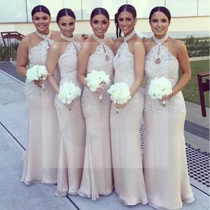 Halter Lace Top Sexy Mermaid Long Elegant Cheap Floor Length Wedding Bridesmaid Dresses, WG138