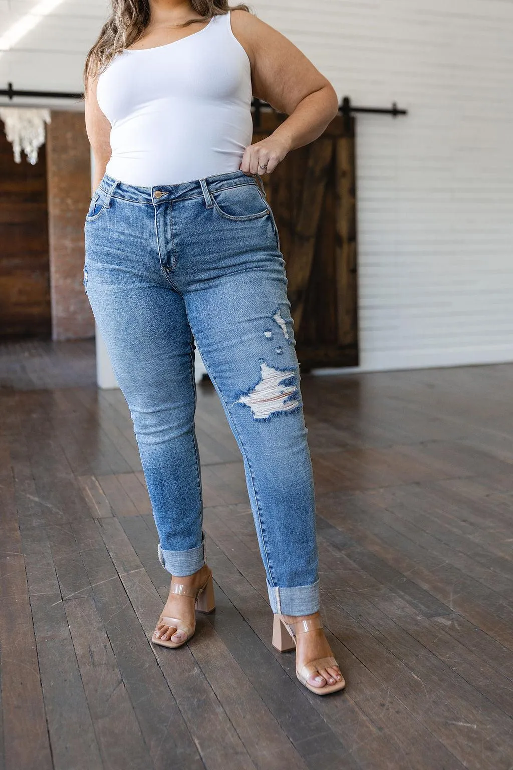 Hazel Blues® |  Elodie Mid Rise Distressed Boyfriend Jeans