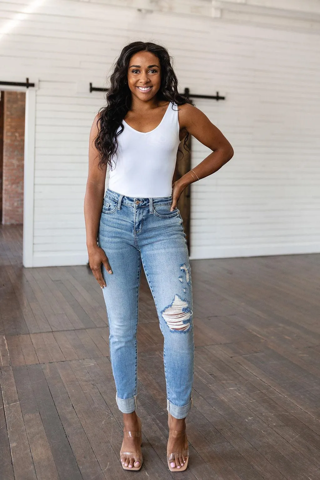 Hazel Blues® |  Elodie Mid Rise Distressed Boyfriend Jeans