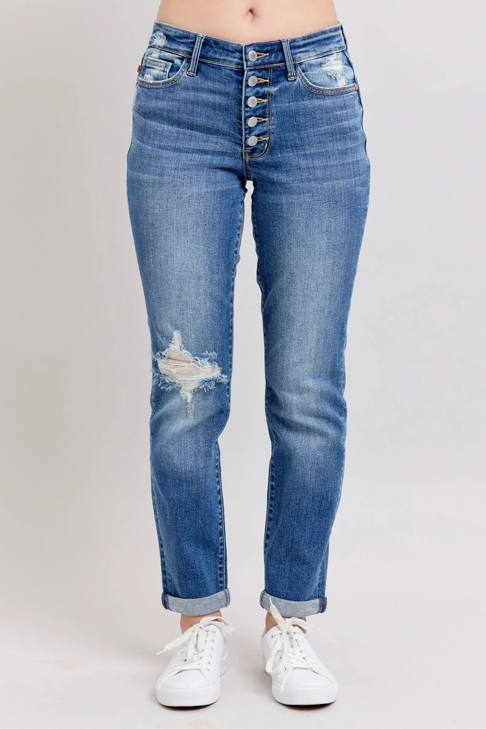 Hazel Blues® | Judy Blue Button Fly Distressed Jeans with Pockets