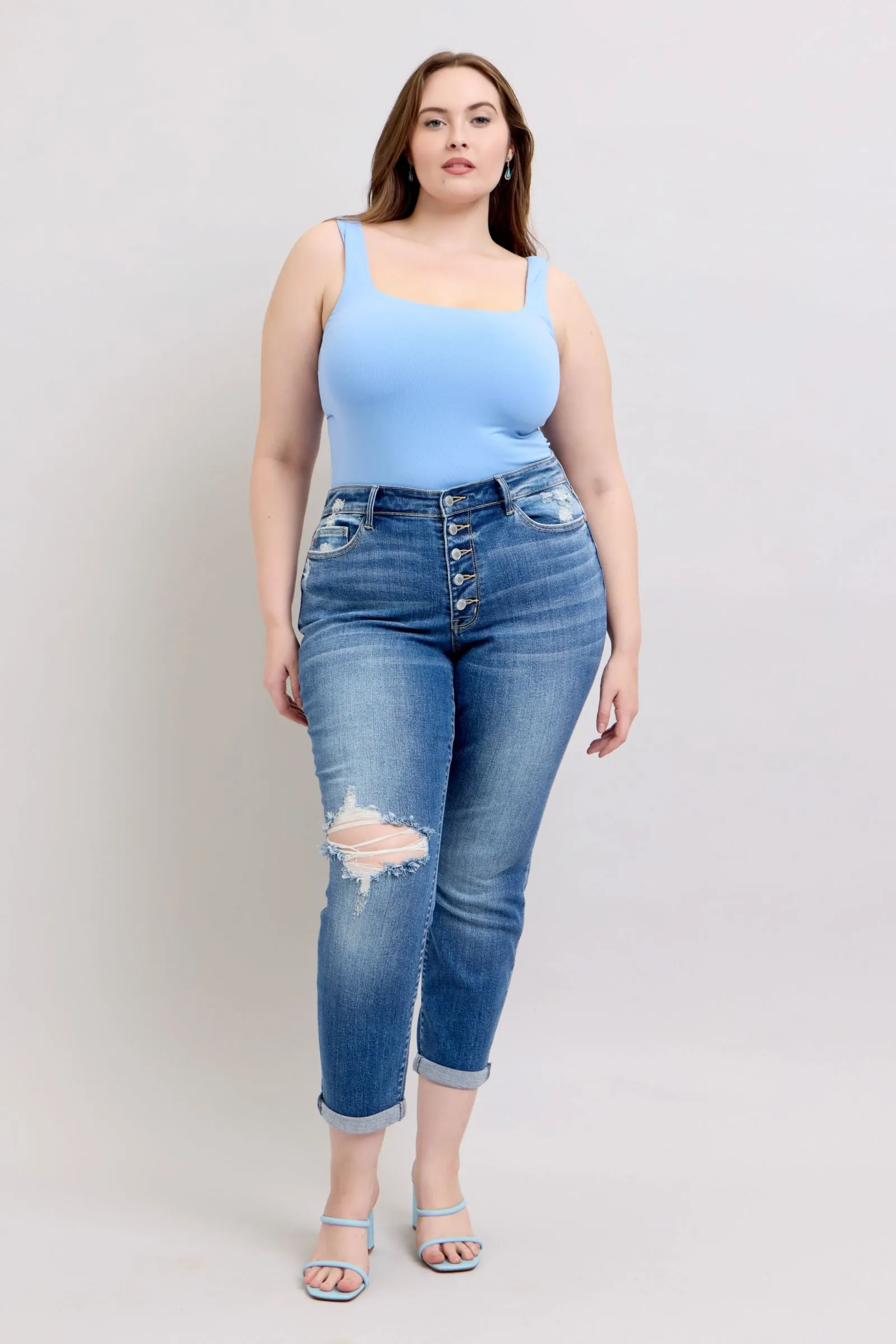 Hazel Blues® | Judy Blue Button Fly Distressed Jeans with Pockets