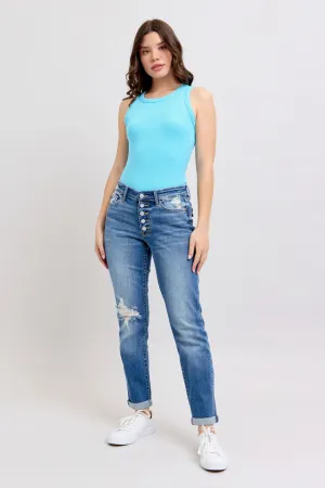 Hazel Blues® | Judy Blue Button Fly Distressed Jeans with Pockets