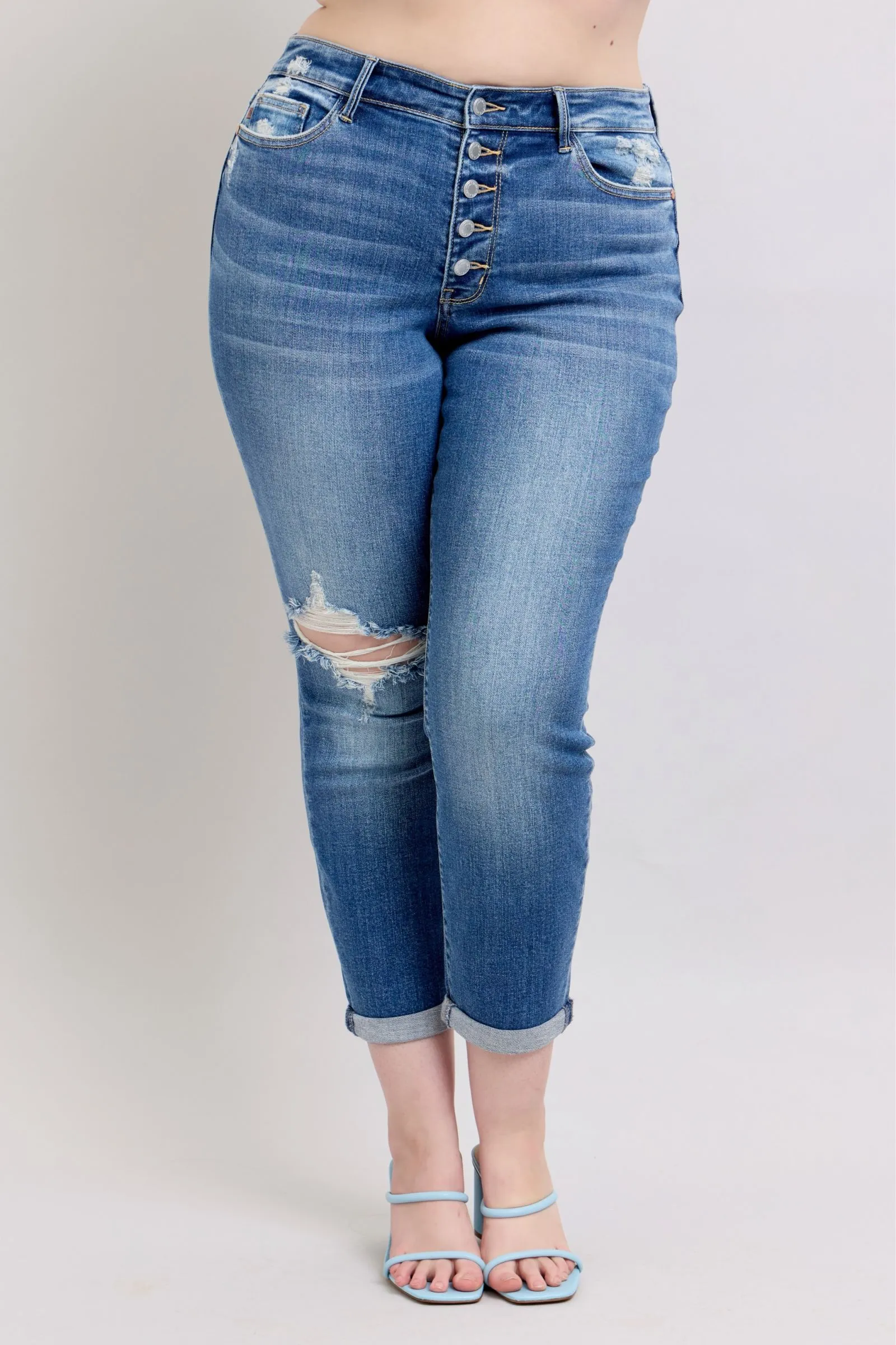 Hazel Blues® | Judy Blue Button Fly Distressed Jeans with Pockets