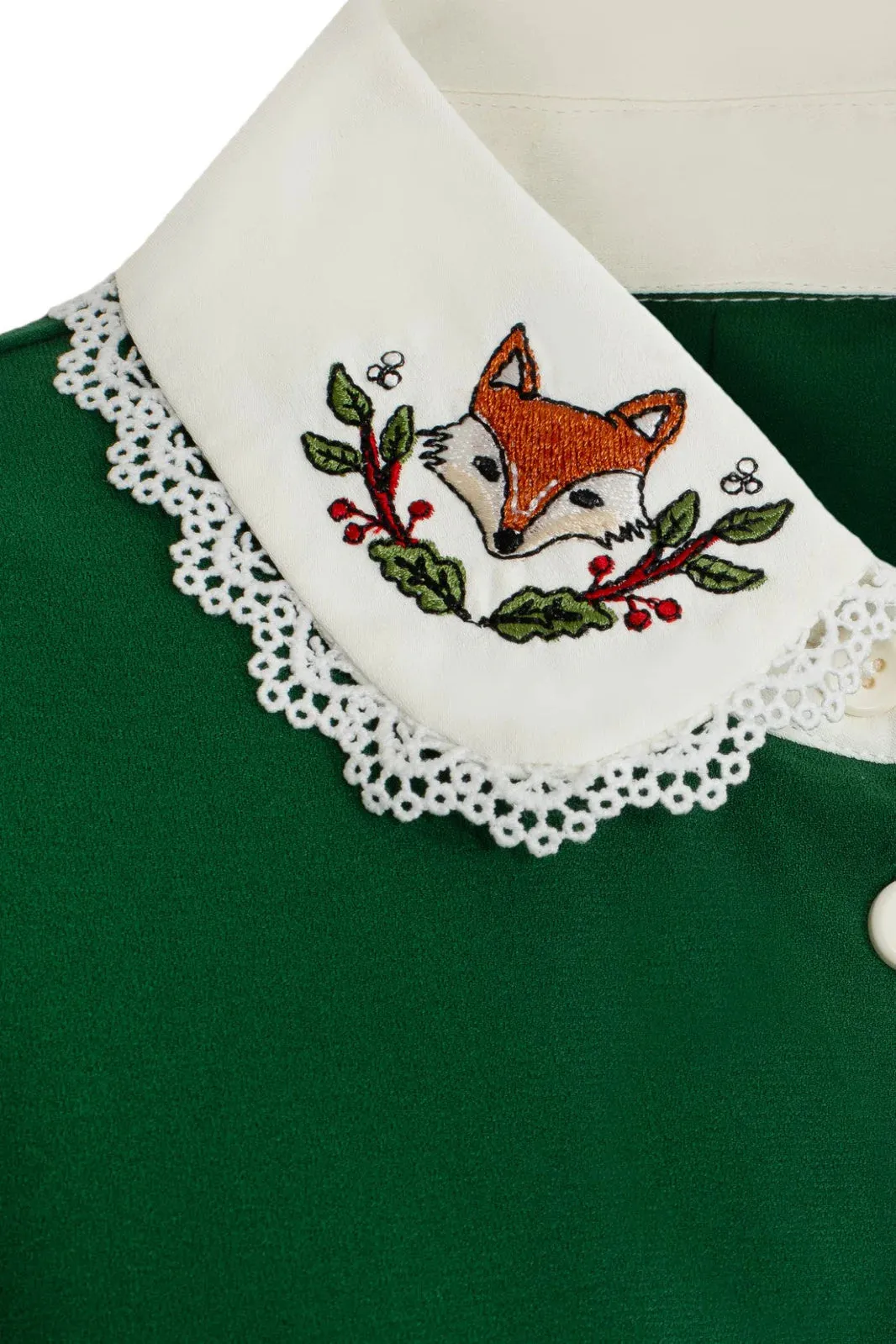 Hell Bunny Basil Mini Dress - Green, Fox Embroidered Collar