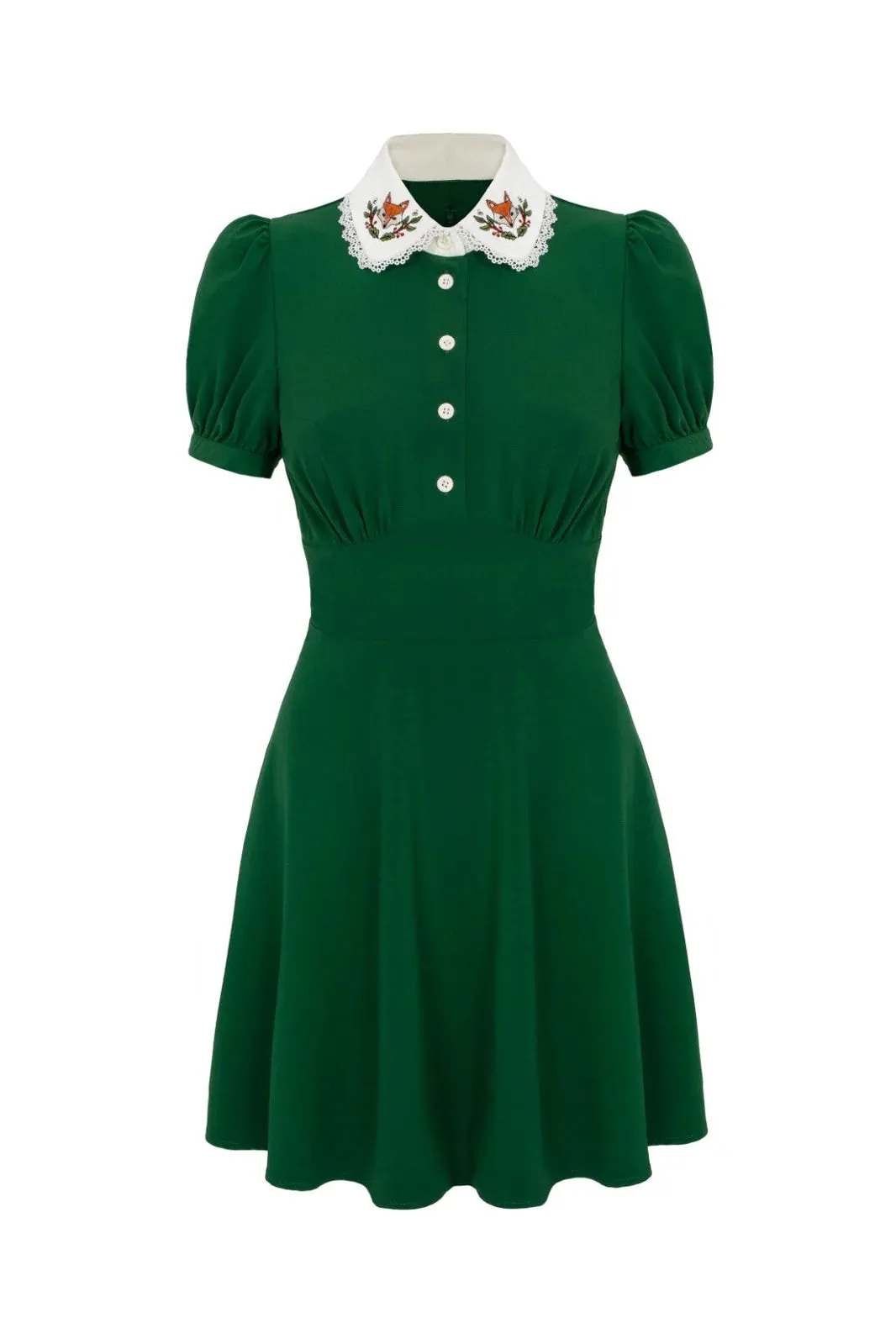 Hell Bunny Basil Mini Dress - Green, Fox Embroidered Collar
