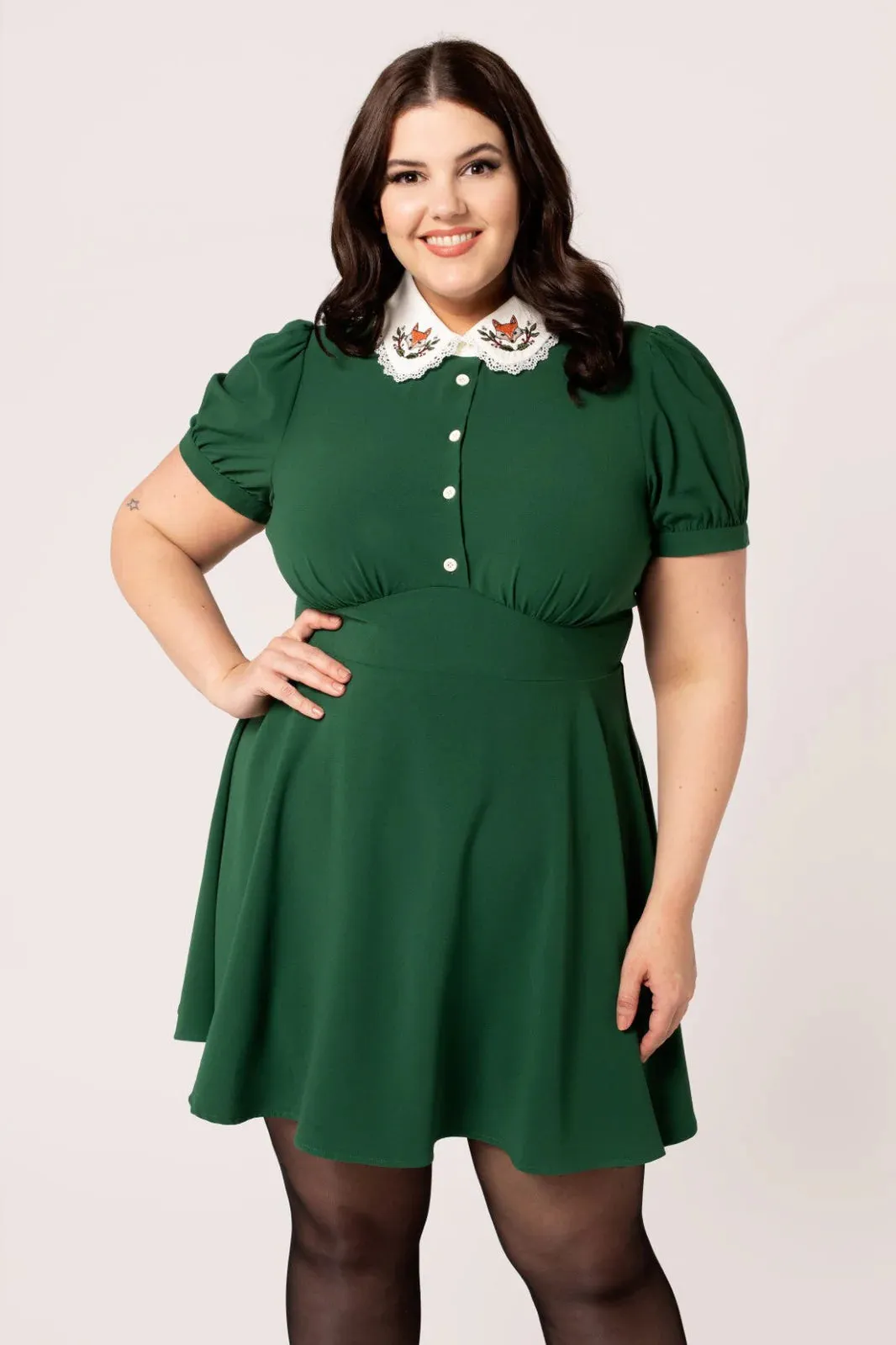 Hell Bunny Basil Mini Dress - Green, Fox Embroidered Collar