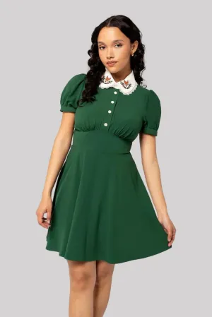 Hell Bunny Basil Mini Dress - Green, Fox Embroidered Collar