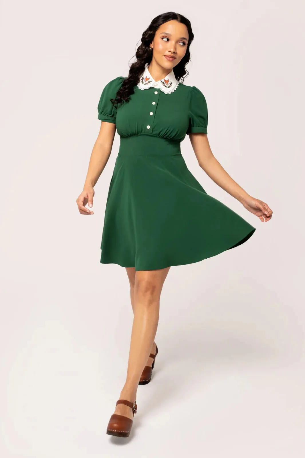 Hell Bunny Basil Mini Dress - Green, Fox Embroidered Collar