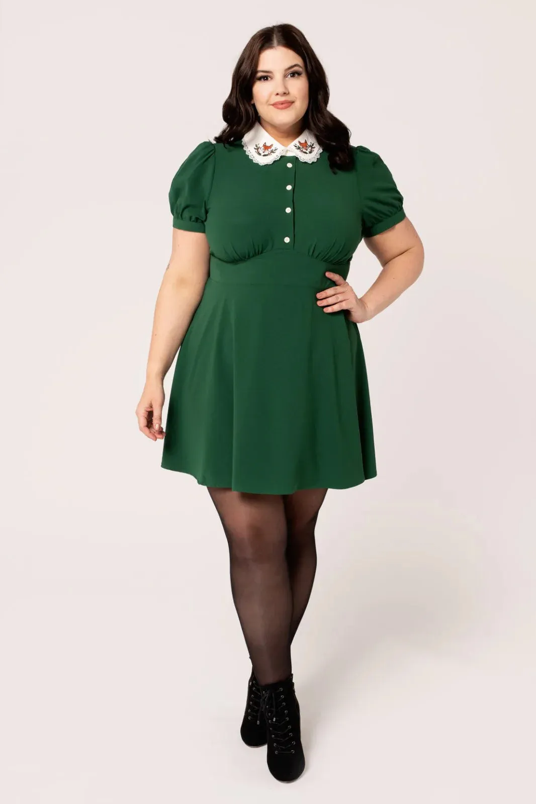 Hell Bunny Basil Mini Dress - Green, Fox Embroidered Collar