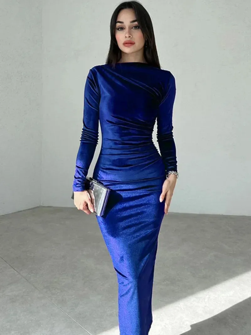 High Waist Long O-Neck Velvet Dress Folds Elegant New Fashion Office Party Bodycon Evening Dresses