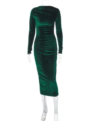 High Waist Long O-Neck Velvet Dress Folds Elegant New Fashion Office Party Bodycon Evening Dresses