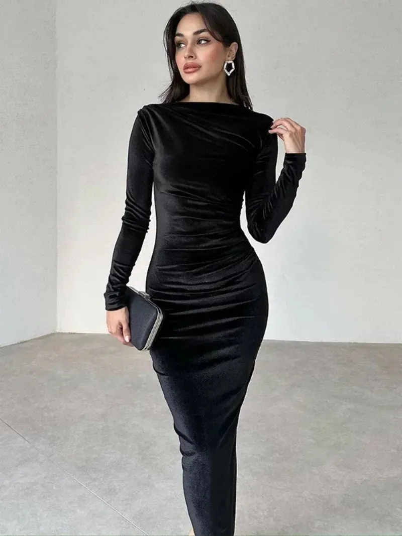 High Waist Long O-Neck Velvet Dress Folds Elegant New Fashion Office Party Bodycon Evening Dresses