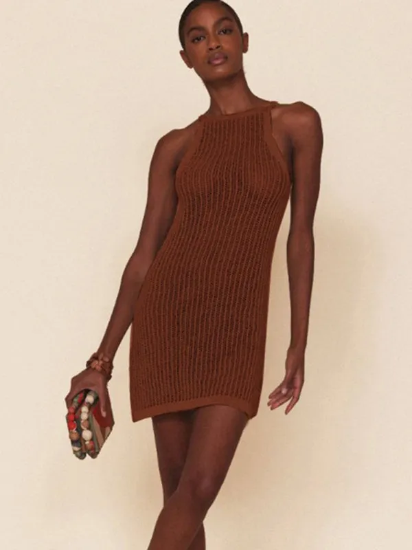 Hollow Knitted Mini Dress with Suspenders and High Neckline