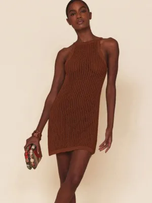 Hollow Knitted Mini Dress with Suspenders and High Neckline