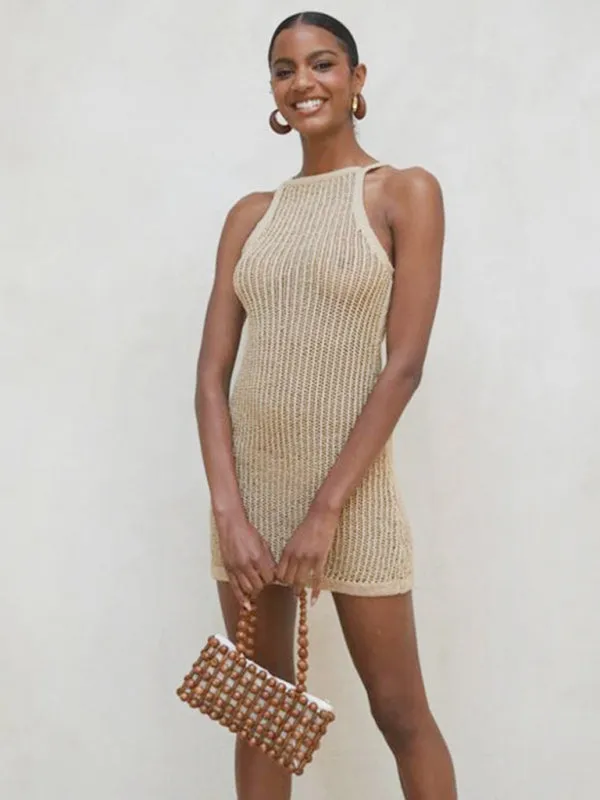 Hollow Knitted Mini Dress with Suspenders and High Neckline