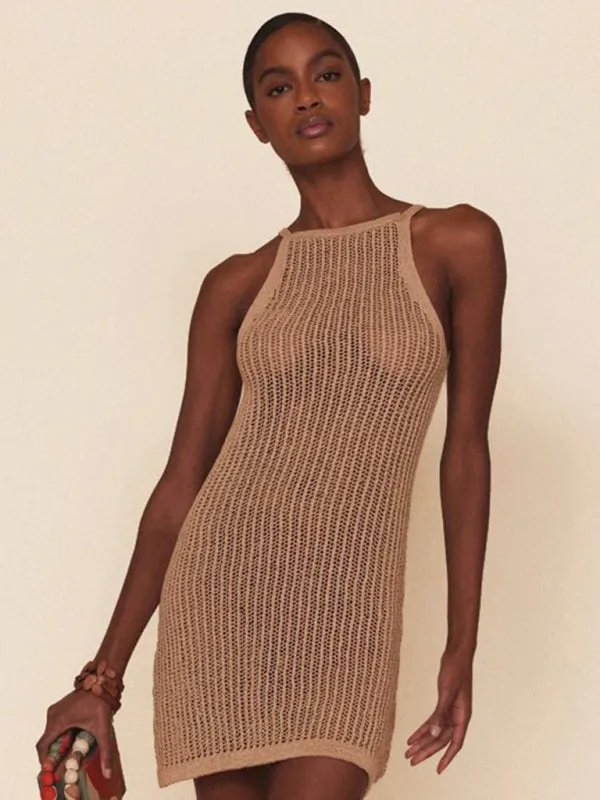 Hollow Knitted Mini Dress with Suspenders and High Neckline