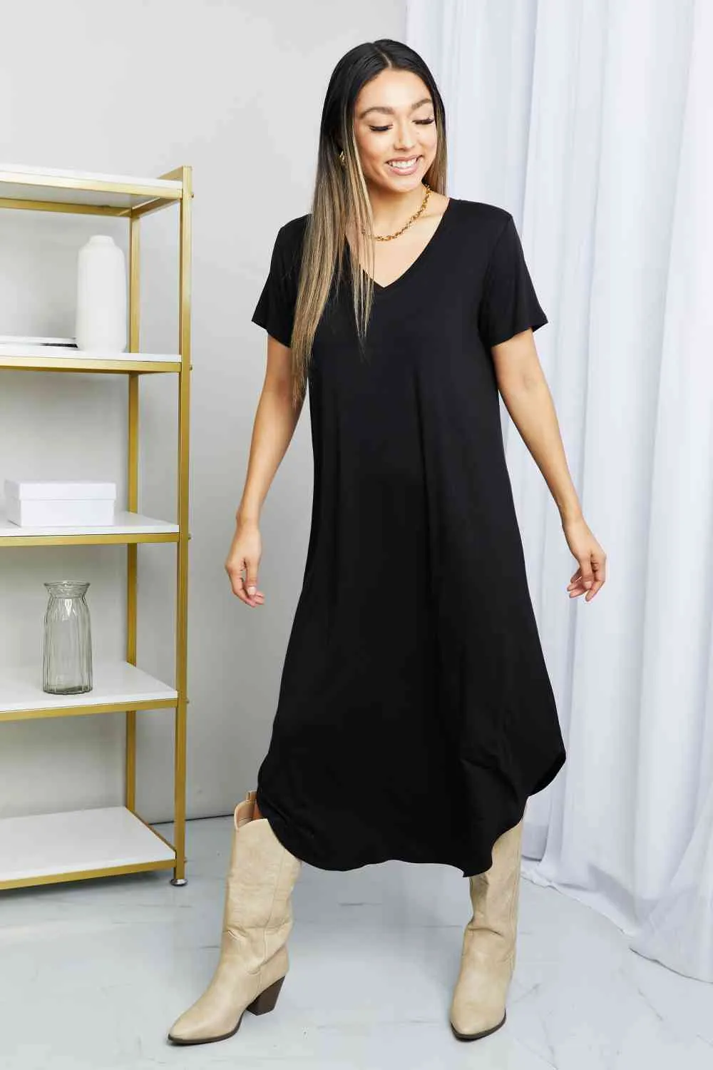 HYFVE V-Neck Short Sleeve Curved Hem Dress in Black