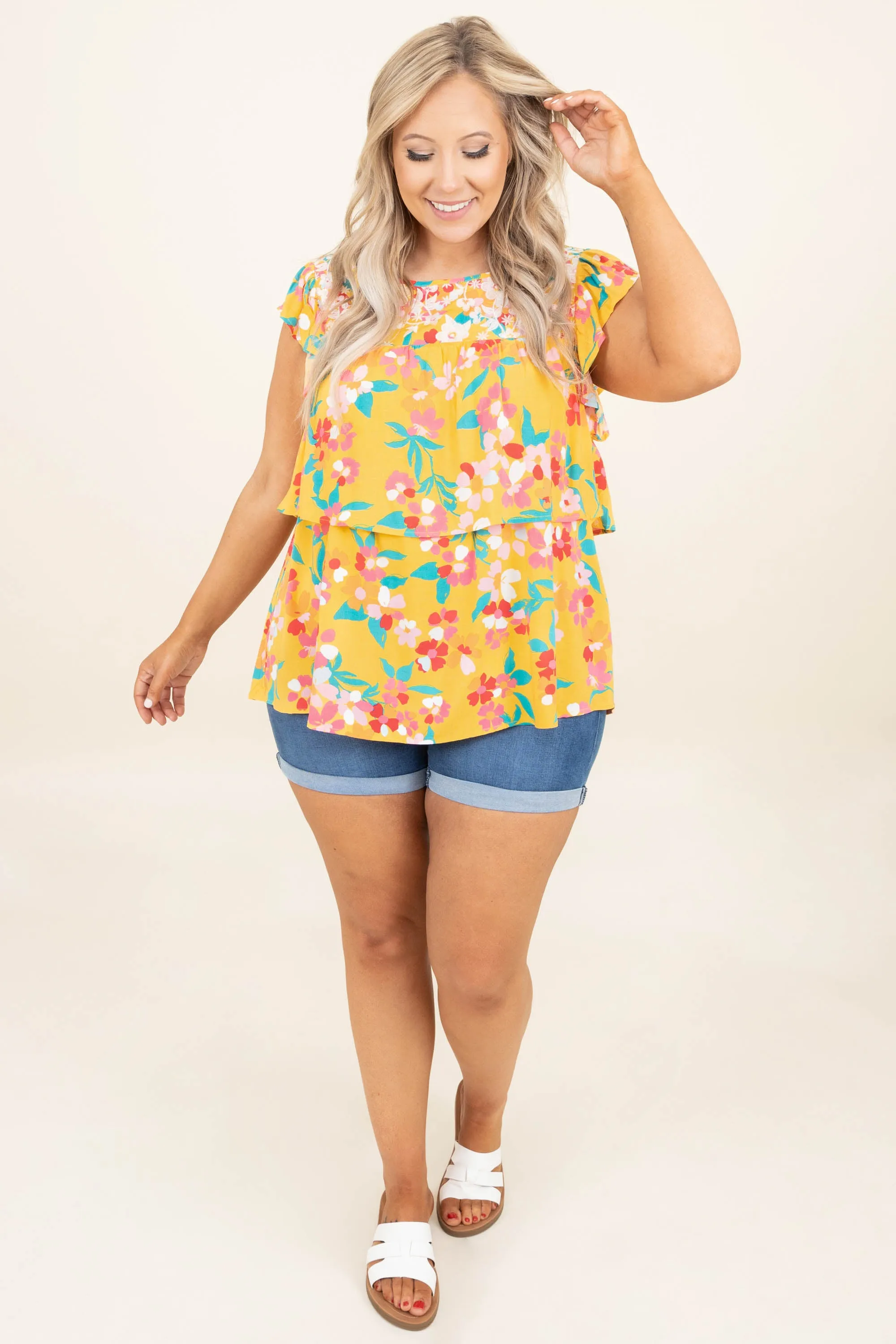 I Gotta Know Top, Marigold-Teal