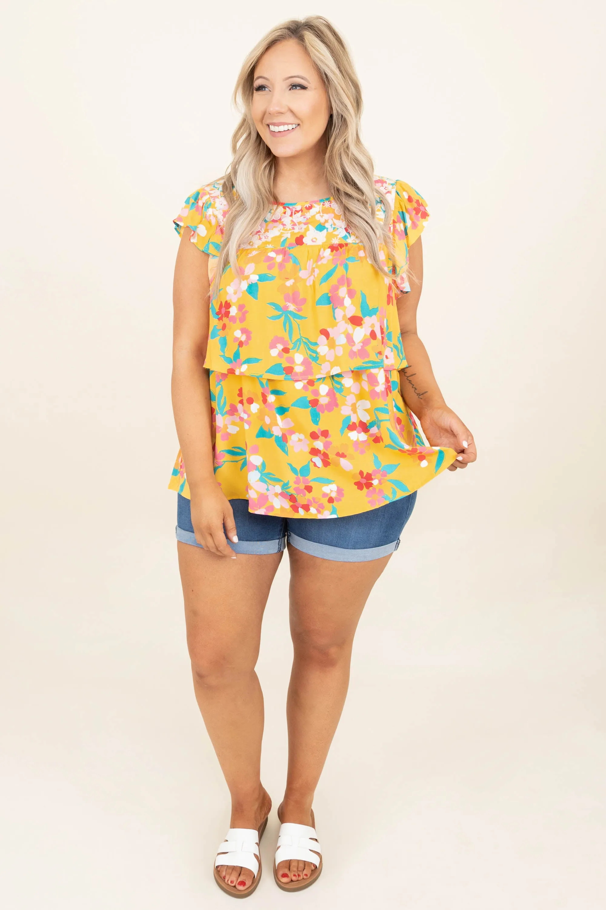 I Gotta Know Top, Marigold-Teal