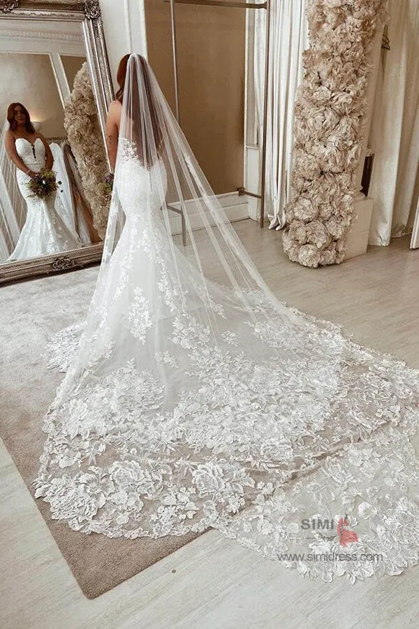 Ivory Lace Mermaid Sweetheart Wedding Dress With Open Illusion Back, SW391