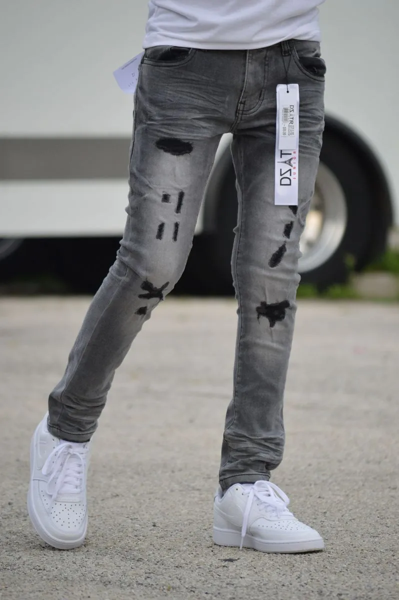 KIDS ULTRA STRETCH DENIM - GREY BLK RIPS (DZTR-K-002)