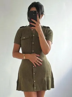 Knit Mini Dress with Button-Down Front and Ribbed Texture