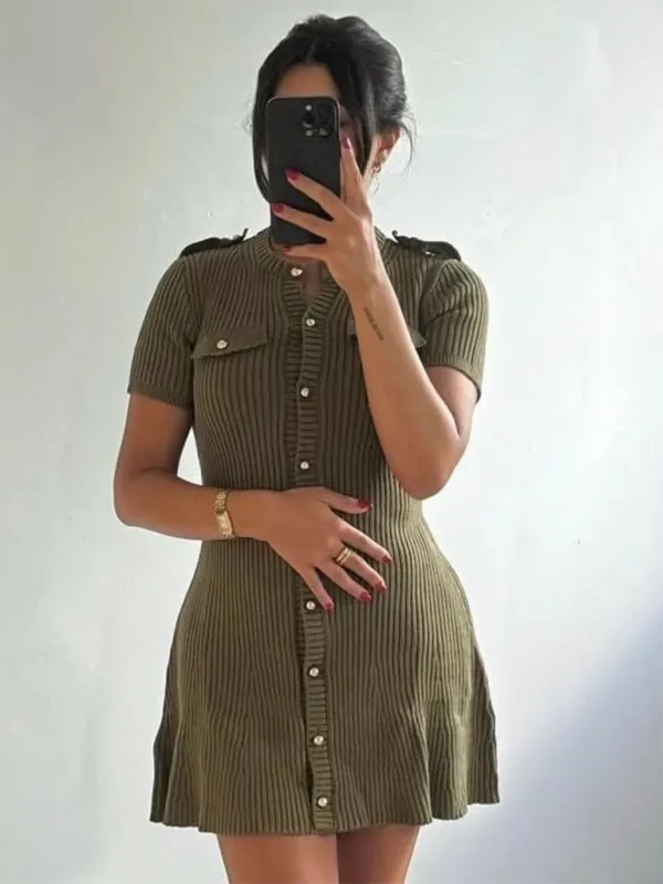 Knit Mini Dress with Button-Down Front and Ribbed Texture