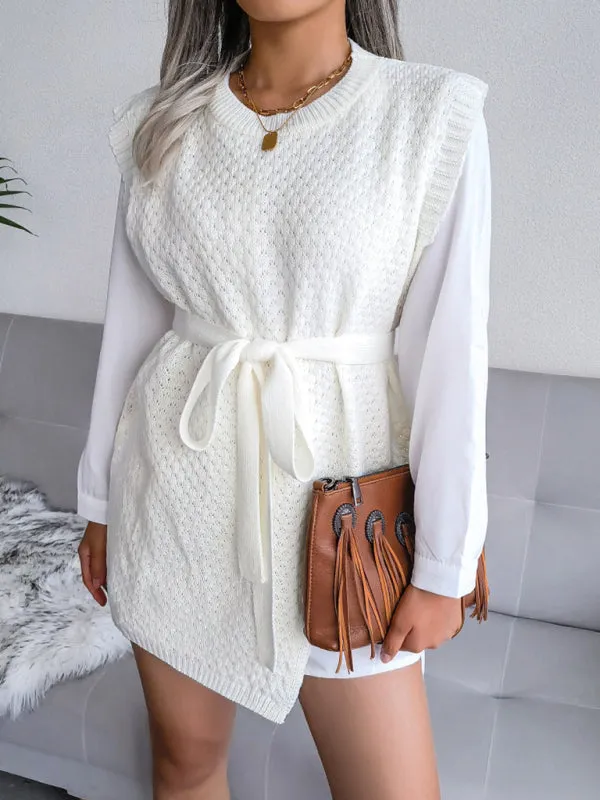 Knitted Mini Dress with Belt and Textured Pattern