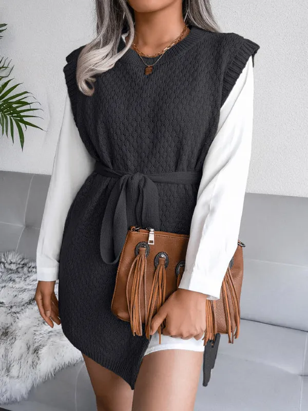 Knitted Mini Dress with Belt and Textured Pattern