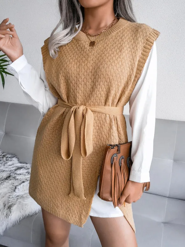Knitted Mini Dress with Belt and Textured Pattern