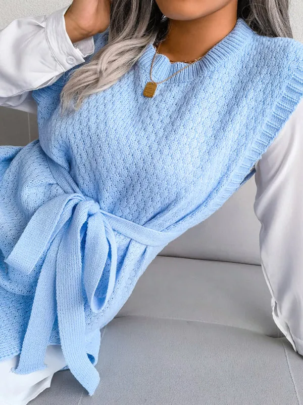 Knitted Mini Dress with Belt and Textured Pattern