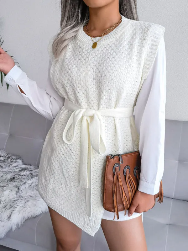 Knitted Mini Dress with Belt and Textured Pattern