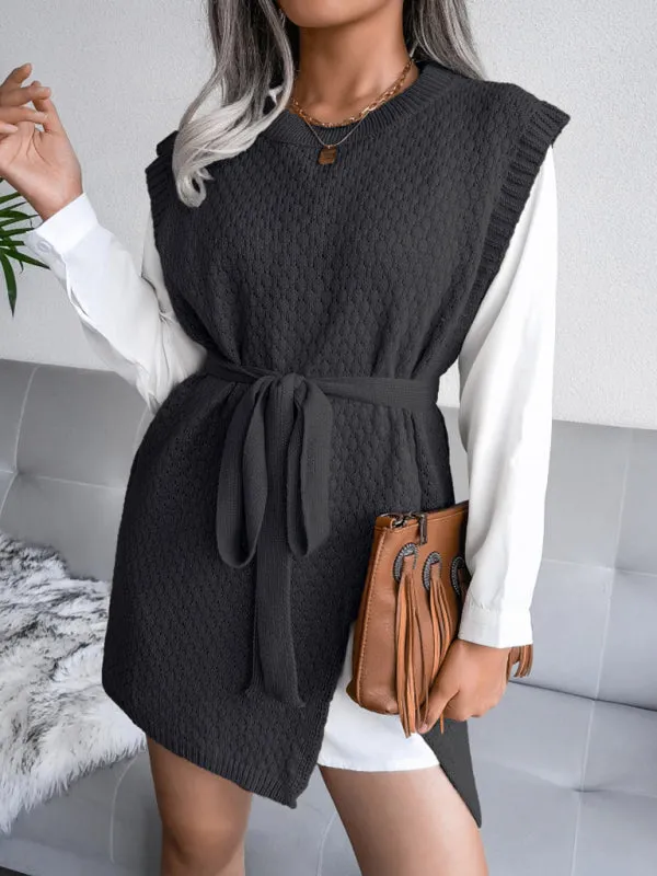 Knitted Mini Dress with Belt and Textured Pattern