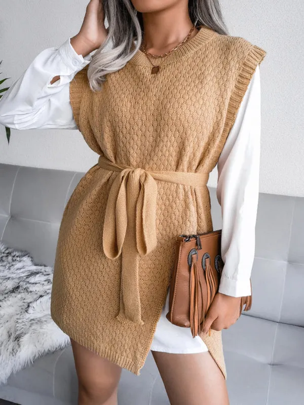 Knitted Mini Dress with Belt and Textured Pattern