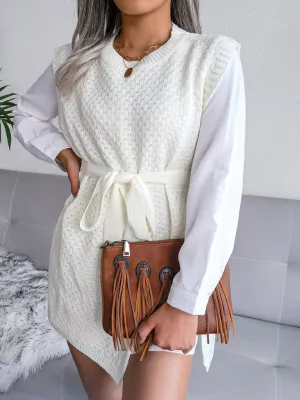 Knitted Mini Dress with Belt and Textured Pattern