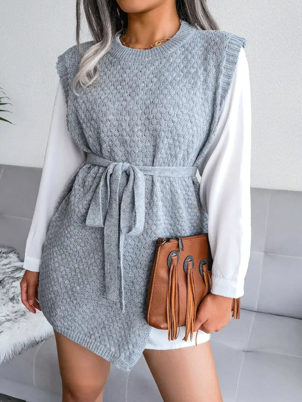 Knitted Mini Dress with Belt and Textured Pattern