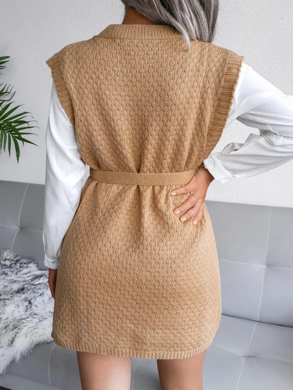 Knitted Mini Dress with Belt and Textured Pattern
