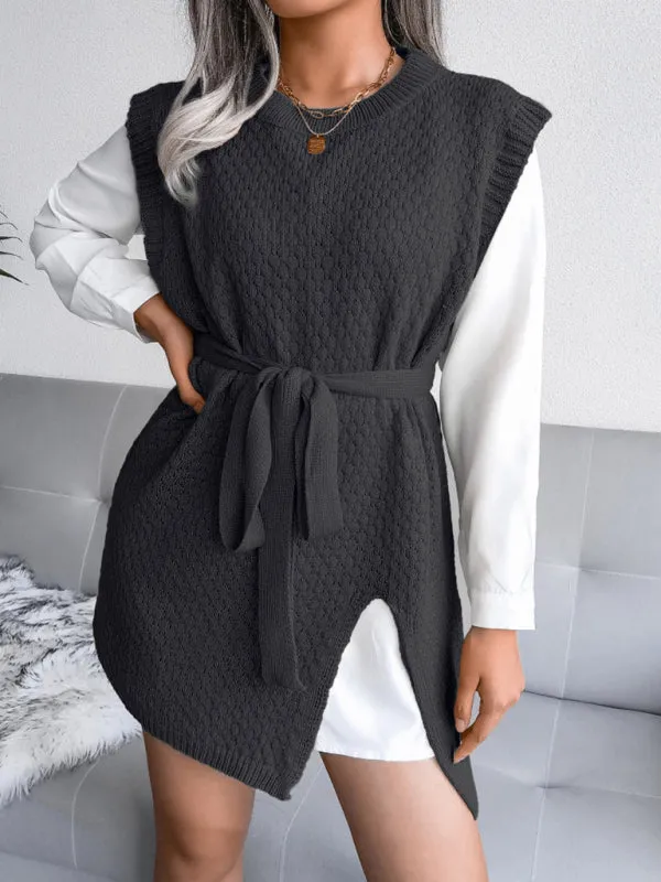 Knitted Mini Dress with Belt and Textured Pattern