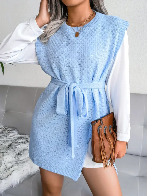 Knitted Mini Dress with Belt and Textured Pattern