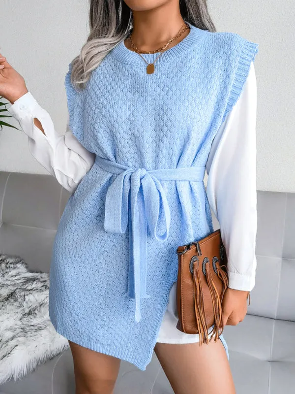 Knitted Mini Dress with Belt and Textured Pattern