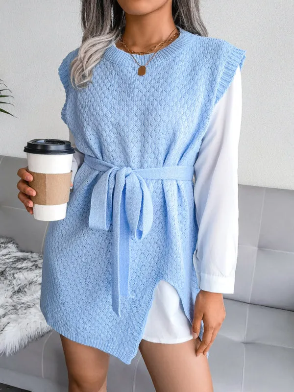 Knitted Mini Dress with Belt and Textured Pattern
