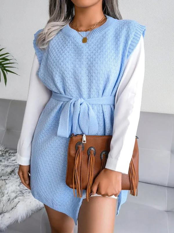Knitted Mini Dress with Belt and Textured Pattern
