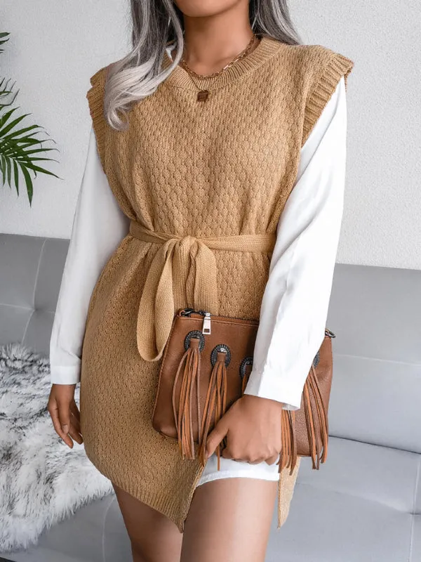 Knitted Mini Dress with Belt and Textured Pattern