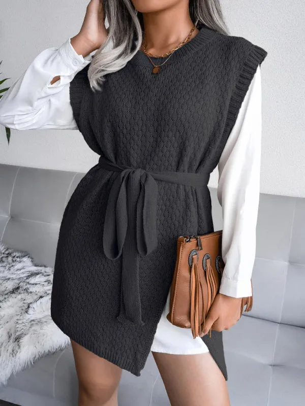 Knitted Mini Dress with Belt and Textured Pattern
