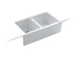 KOHLER K-6534-4U Hawthorne 33" x 22-1/8" x 8-5/8" Undermount double-equal farmhouse kitchen sink with 4 oversize faucet holes in White