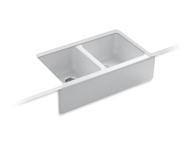 KOHLER K-6534-4U Hawthorne 33" x 22-1/8" x 8-5/8" Undermount double-equal farmhouse kitchen sink with 4 oversize faucet holes in White