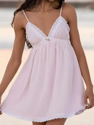 Lace V-neck Short Dress with Spaghetti Straps and Sweet Design