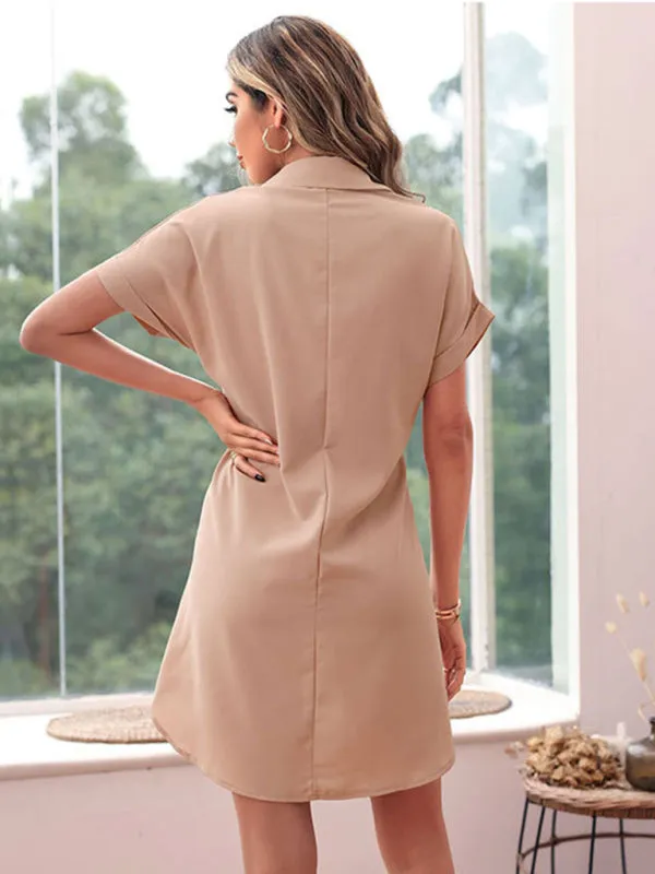 Lapel Collar Shirt Dress with Knot Waist and Button-Down Front